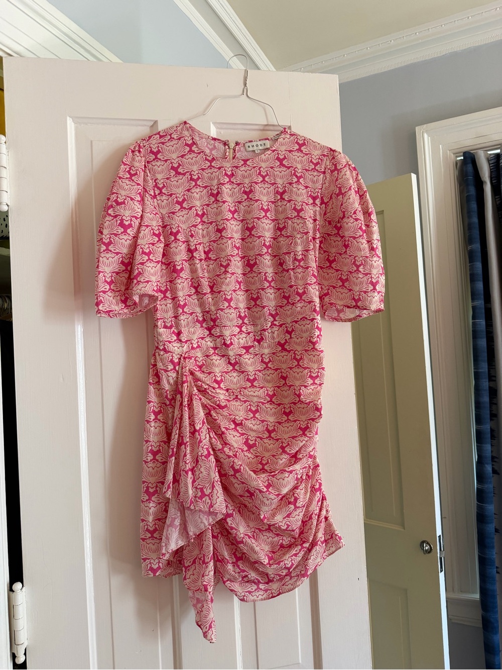 RHODE Pink and Cream Ruched Short-Sleeve Dress
